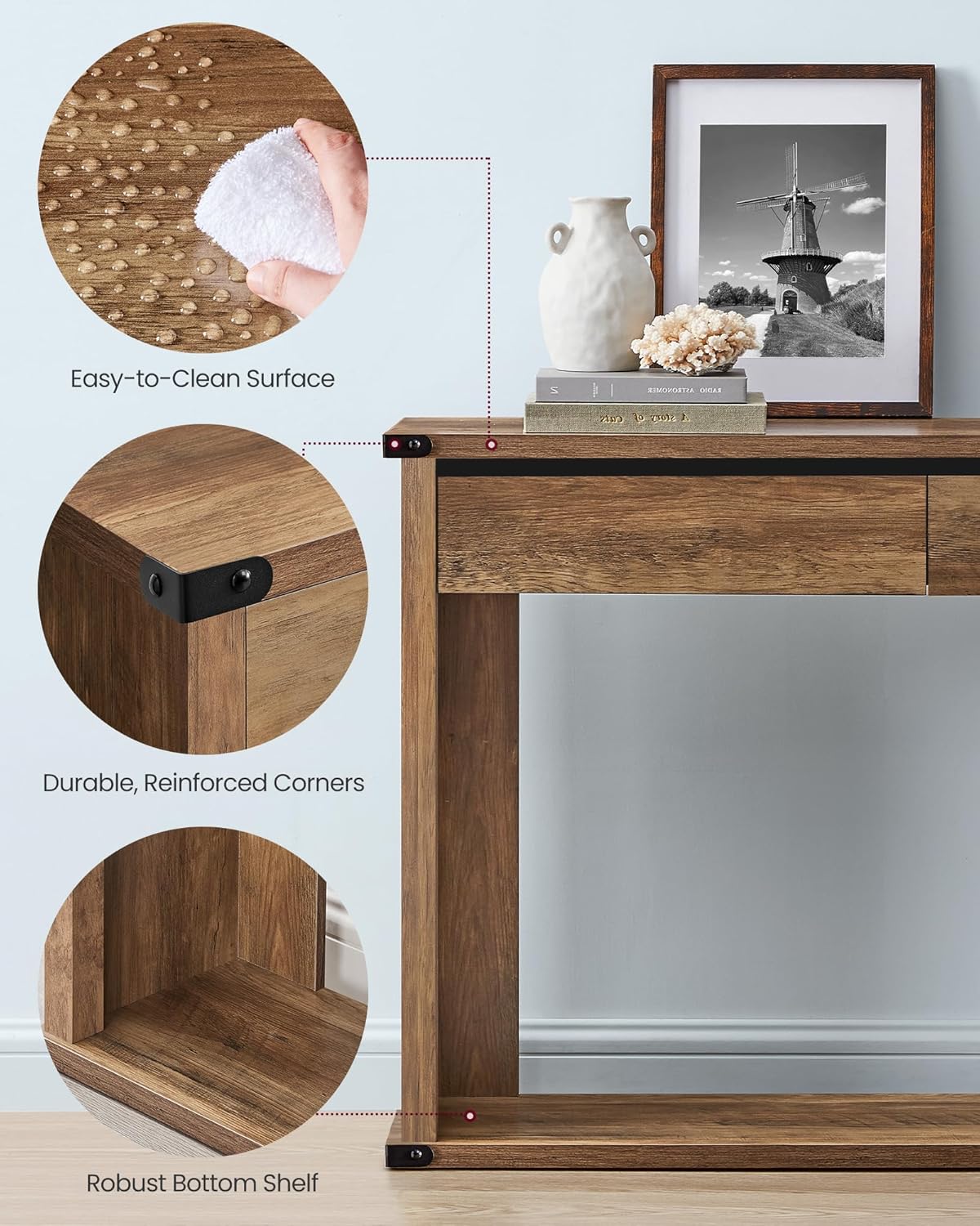 VASAGLE Sofa Console Table, 63 Inches Narrow Entryway Table with 3 Drawers, Bottom Shelf, Metal Corners, for Living Room, Bedroom, Farmhouse Style, Honey Brown ULNT146KB01S