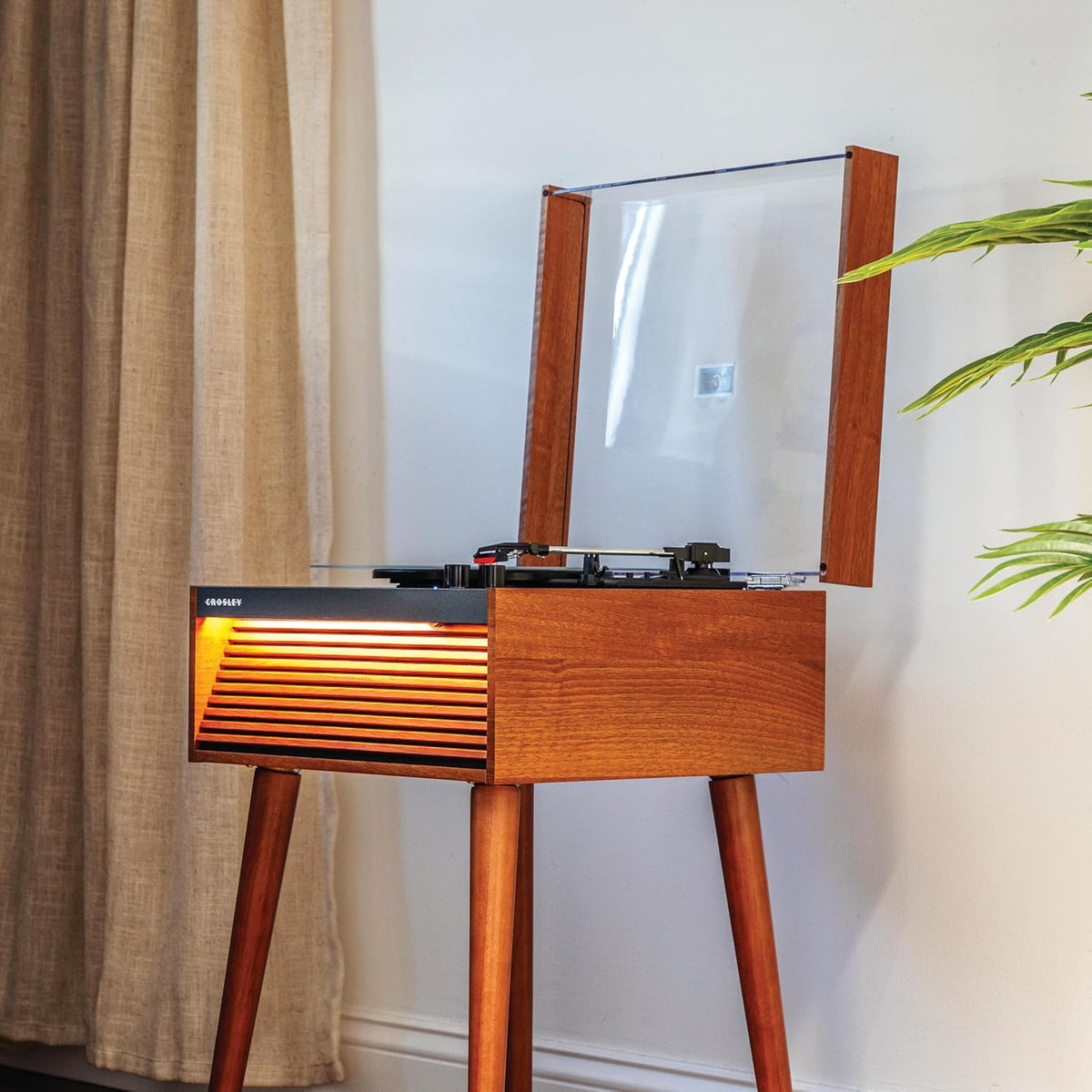 Crosley CR6237A-NA Dean 3-Speed Bluetooth in/Out Vinyl Record Player Turntable with Built-in Speakers, LED Lights and Detachable Legs, Natural