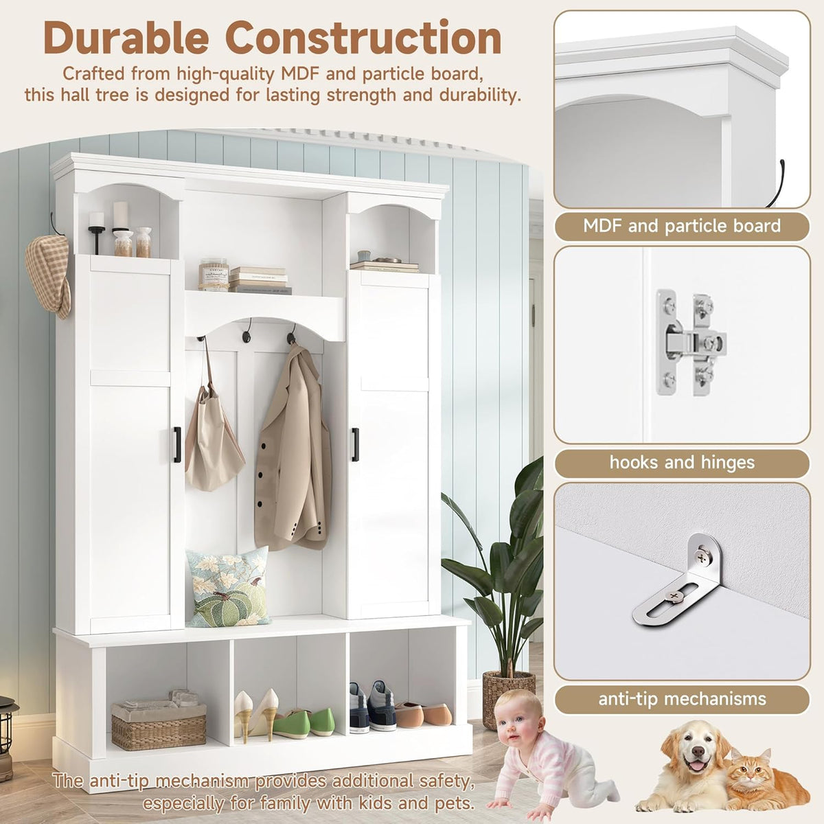 Modern All-in-One Hall Tree with Adjustable Shelves, Classic Arched Farmhouse Storage Bench with Dual Side Cabinets, Elegant Entryway Organizer with 7 Hooks for Mudroom, Hallway, White