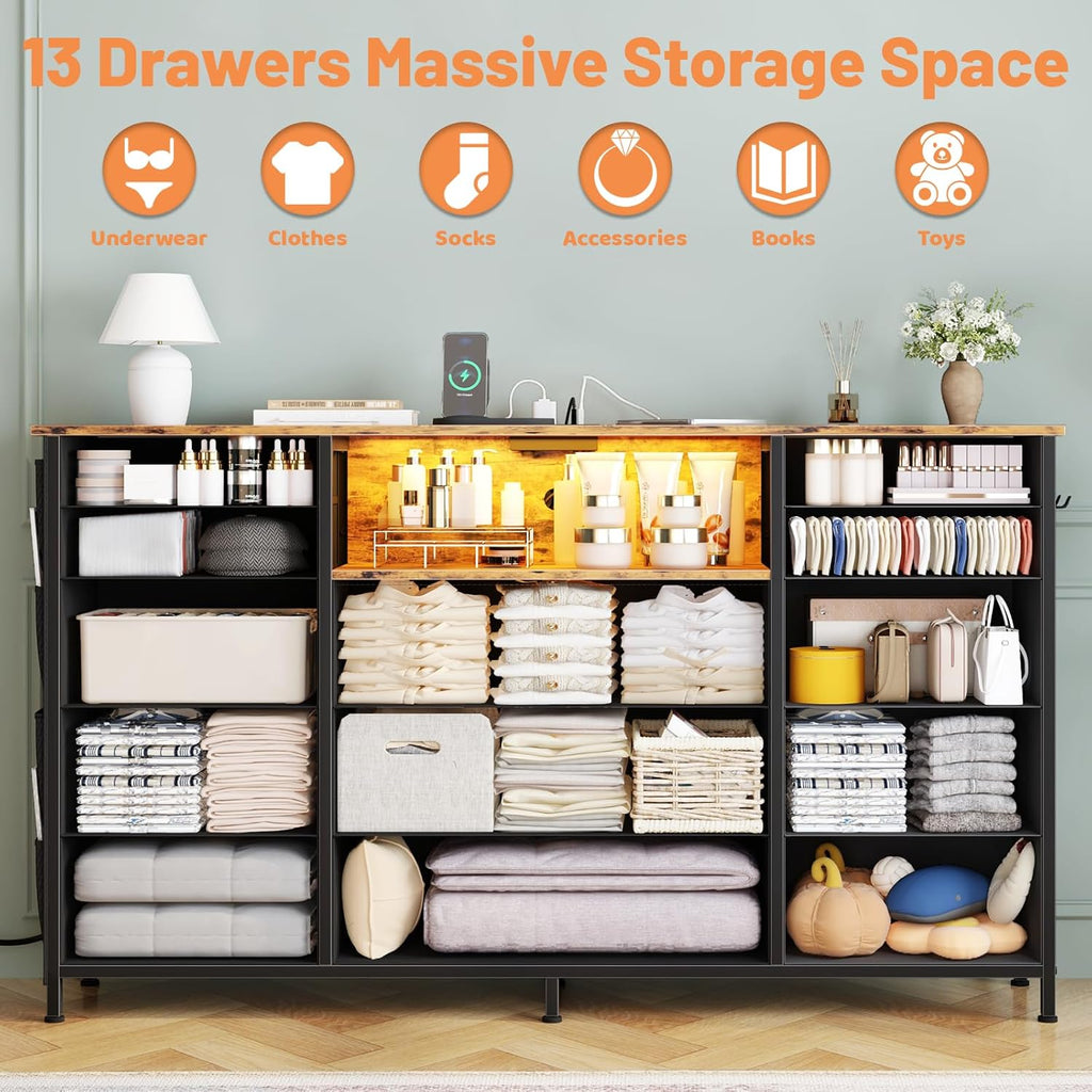 HCHQHS Dresser for Bedroom with 13 Drawers, 47 Inch Fabric Dresser with Remote Control Lights, Side Pockets & Hooks for Closet or Large TV Stand (Rural Brown)