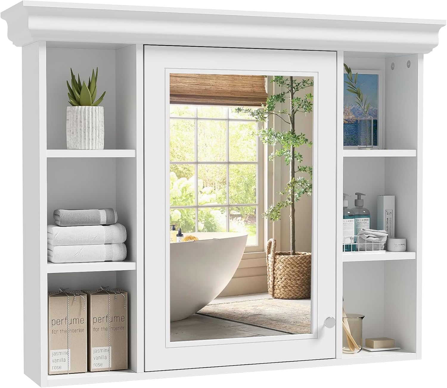 Merax Country Bathroom Medicine Cabinet with Mirror, Farmhouse Wall Mounted Medicine Cabinet with Door and Shelves, Over The Toilet Mirrored Bathroom Storage Wall Cabinet