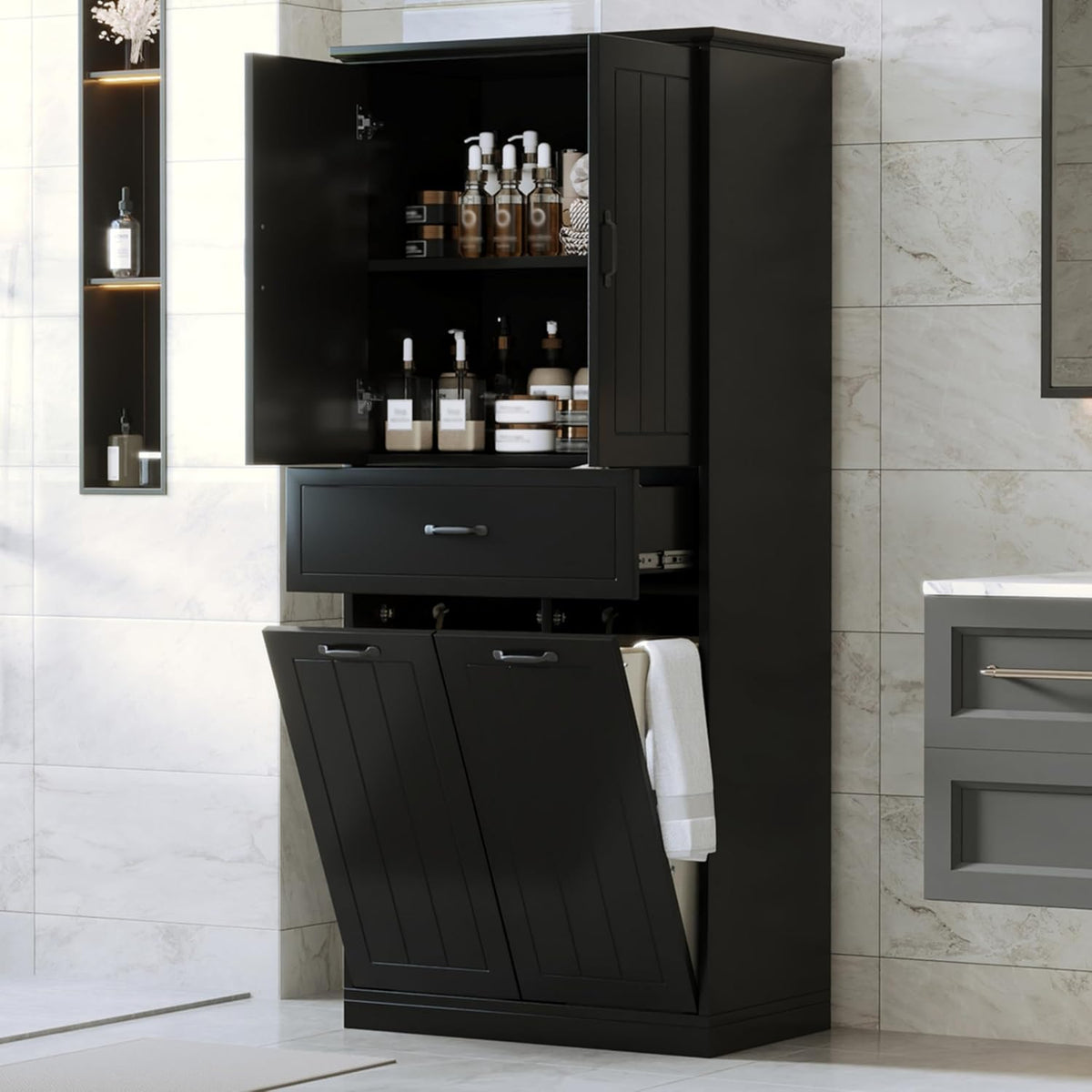 Virubi Tall Laundry Cabinet with 2 Tilt Out Laundry Hamper, Modern Wood Bathroom Storage Cabinet with Drawers, Doors and Adjustable Shelves for Home, Freestanding