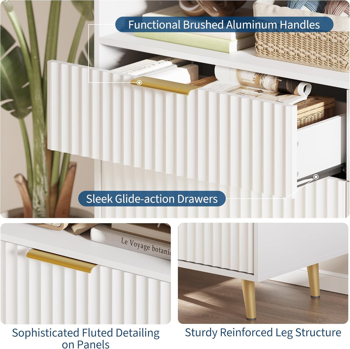 IDEALHOUSE 6 Drawer Fluted Dresser for Bedroom, 47.2" Wide Modern Chest of Drawers with Metal Handles, Wooden TV Stand, Storage Organizer for Closet, Living Room, Hallway, White