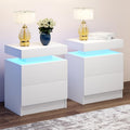 LED Nightstands Set of 2, Modern White Night Stand End Tables with APP & Remote Control LED Lighting, 2 Drawers, Open Shelf Storage, Bedside Tables for Bedroom and Living Room