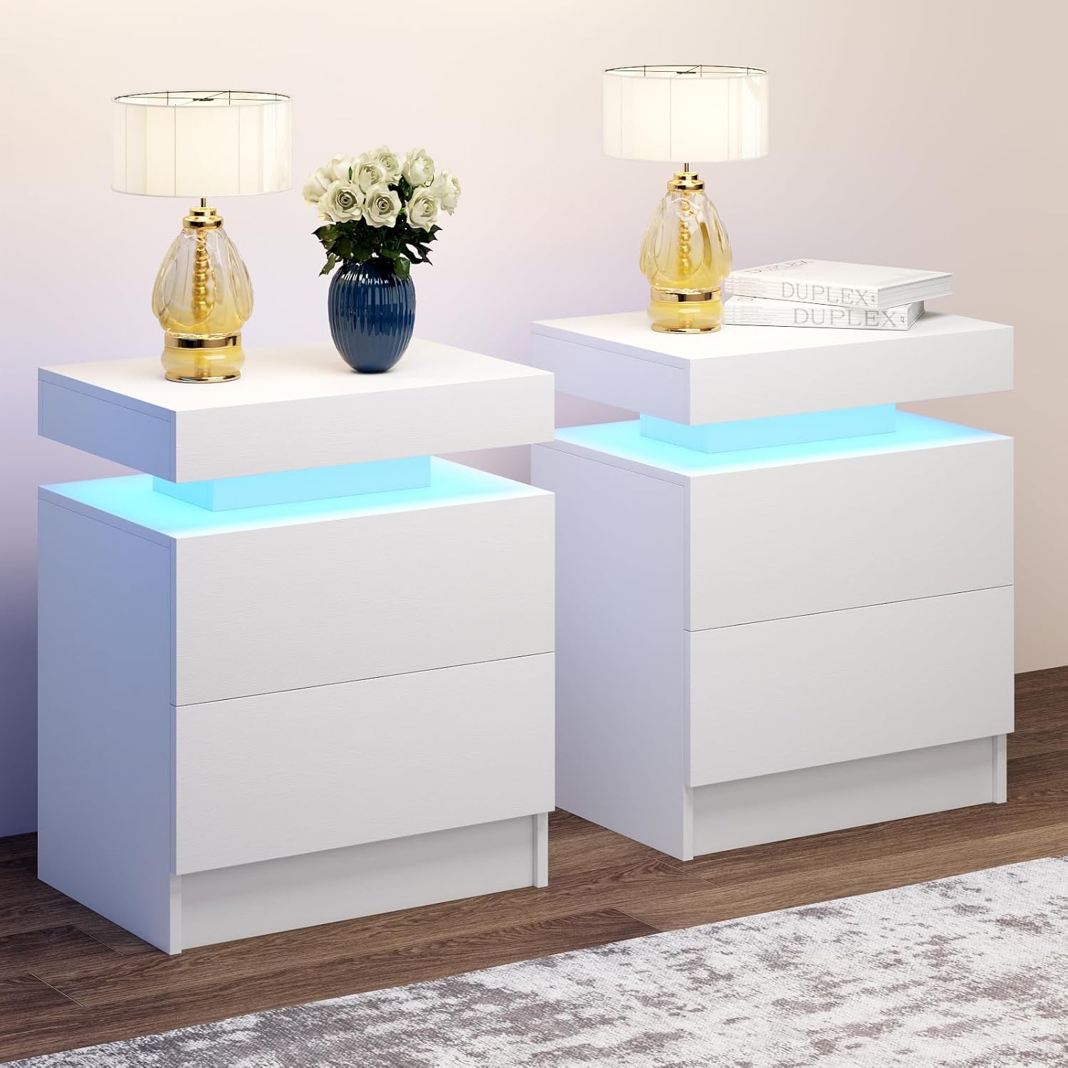 LED Nightstands Set of 2, Modern White Night Stand End Tables with APP & Remote Control LED Lighting, 2 Drawers, Open Shelf Storage, Bedside Tables for Bedroom and Living Room