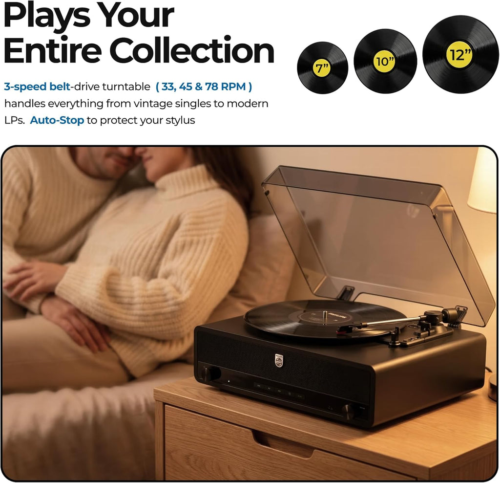 Philips Record Player, All-in-One Bluetooth Turntable with Built-in Speakers, 3-Speed Belt-Drive Vinyl Record Player, Audio-Technica Stylus, Wireless Streaming in & Out, RCA/AUX/Headphone, Auto-Stop