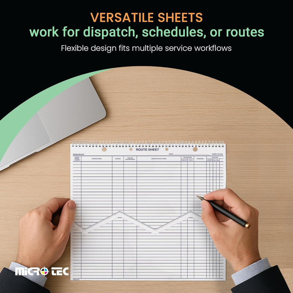 MICRO TEC Daily Service Route Sheets – 12" x 15" Daily Schedule & Appointment Sheets – Spiral Bound Route Planner on 100# Tag Stock Paper – Blue Ink Print – 100 Pages/Book (Book of 5)