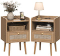 MECHYIN Night Stand Set 2, Nightstands Set of 2 with Charging Station, Rattan Side Tables with Solid Wood Legs, Boho Bedside End Table for Apartment Bedroom Dorm Small Space