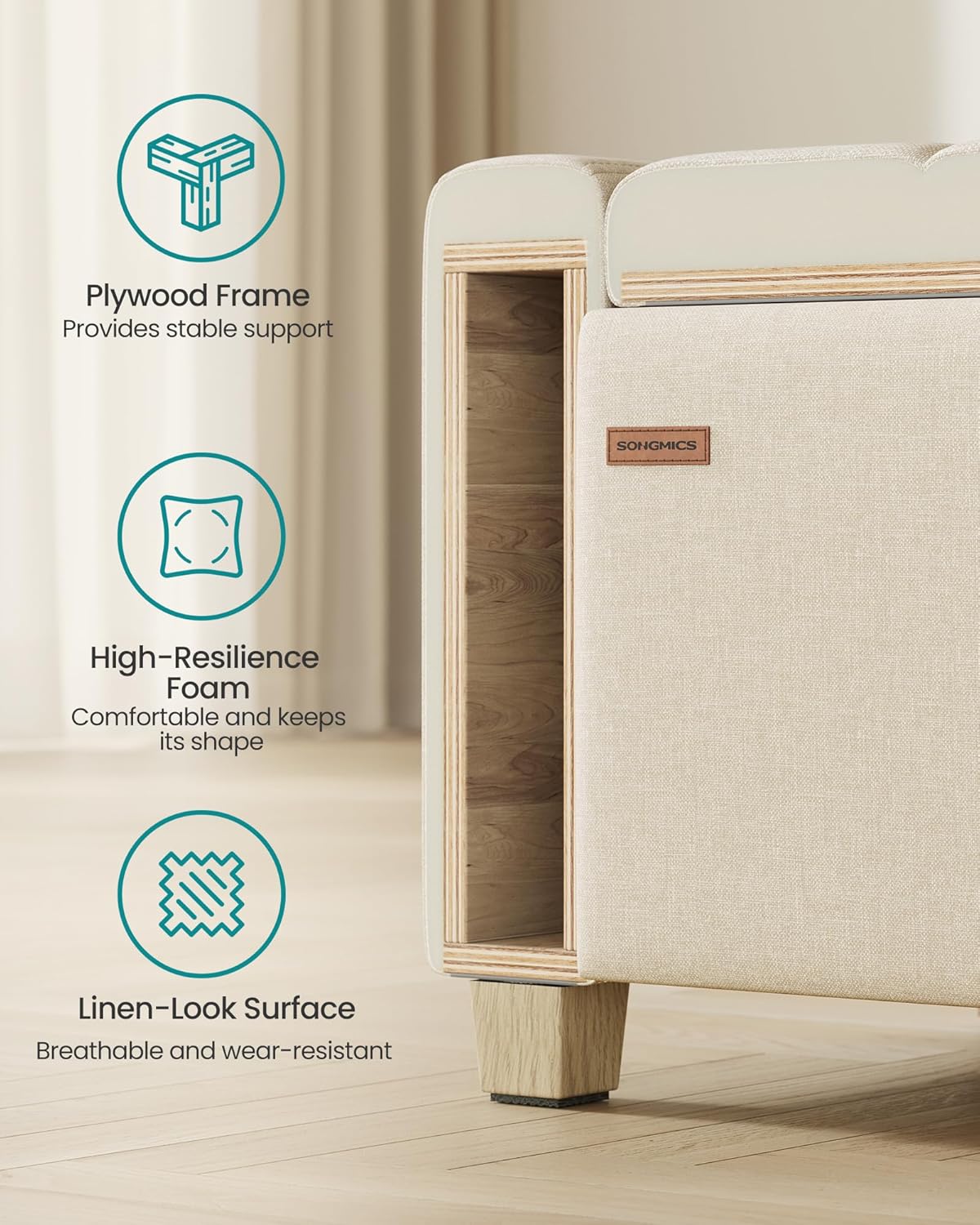 SONGMICS Storage Ottoman, Storage Chest Bench with Legs, End of Bed Bench with Safety Hinges, Pull Tab, for Living Room, Bedroom, 19.7 x 47.6 x 16.5 Inches, Linen-Look Fabric, Summer Sand ULOM511LF01