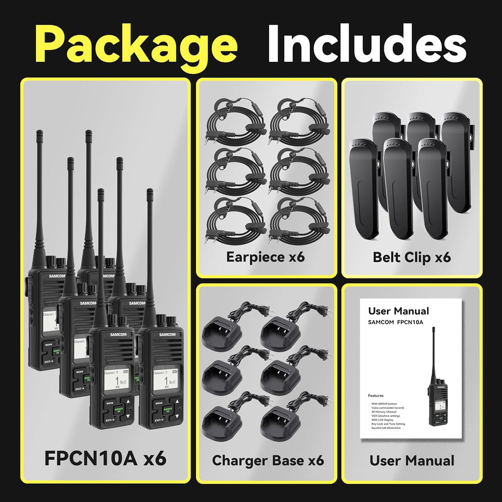 SAMCOM Radios FPCN10A Professional Business Walkie Talkies Heavy Duty with 3000mAh Large Capacity Battery,GROUP Call 2 Way Radios with Earpiece, Two-Way Radio for Adults Skiing Hunting Hiking (6-Pack)