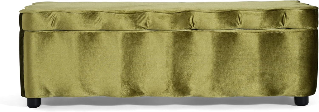 Christopher Knight Home Pean Living Room Ottoman with Storage, Velvet Upholstered Storage Ottoman Bench, Sofa Foot Stool with Wood Frame, Bedroom End of Bed Bench, Chic Scalloped Design, Olive Green