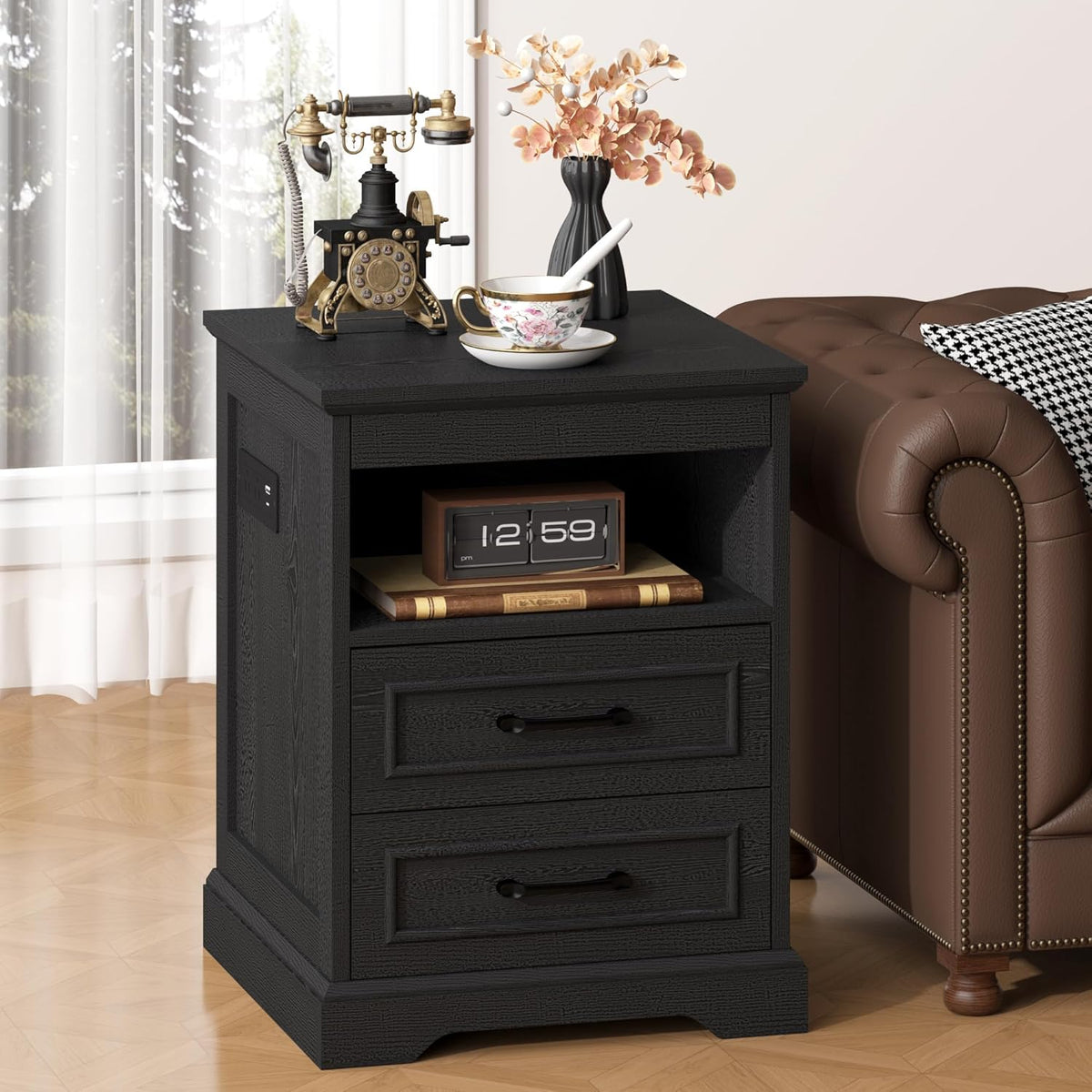 Gadroad 18" Farmhouse Accent Nightstand with Charging Station, End Table with 3 Drawers Storage, Side Table, Bedside Cabinet for LivingRoom Bedroom Office, Black