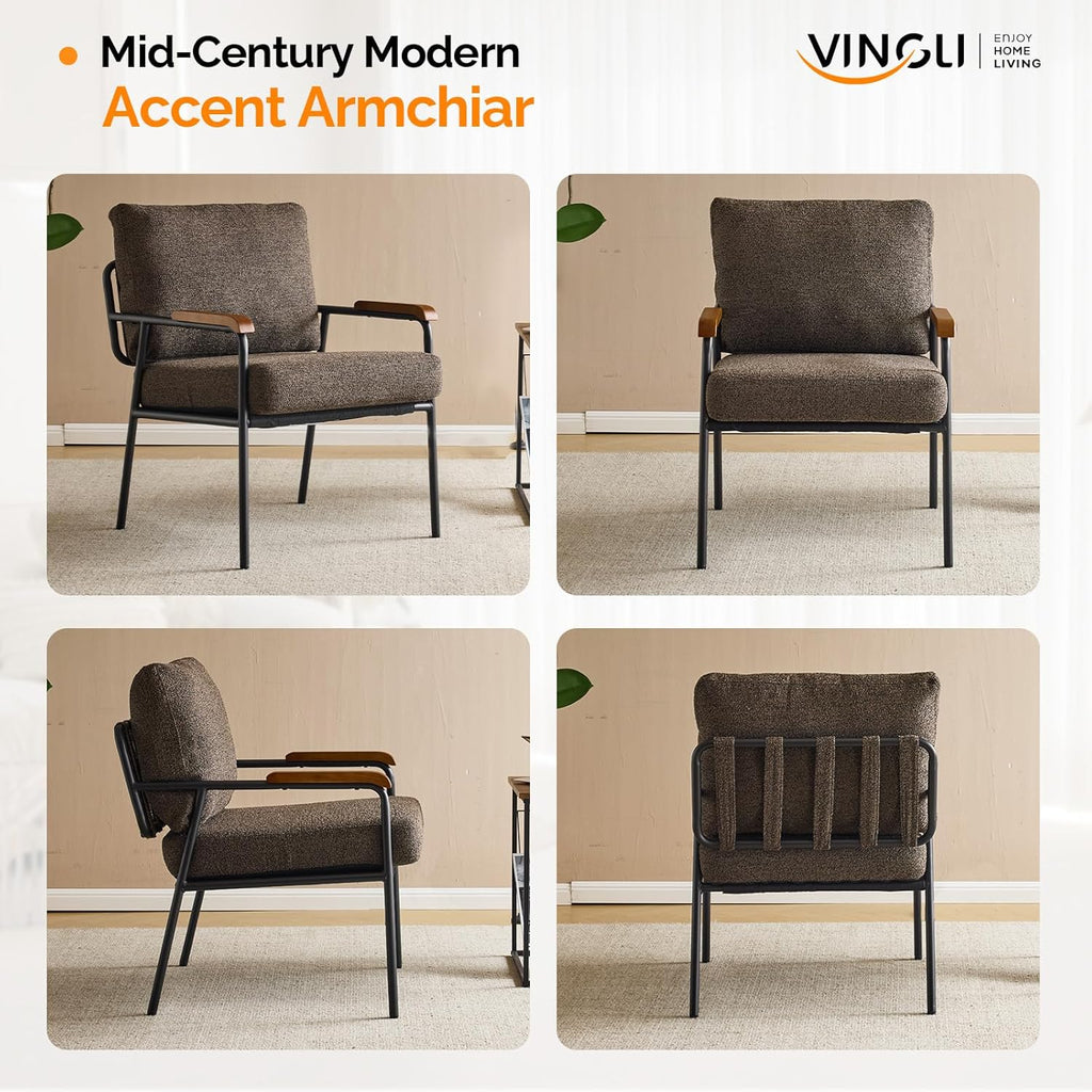VINGLI Mid-Century Modern Accent Armchiars Set of 2 for Small Space, Small Comfy Upholstered Leisure Reading Chairs with Wood Armrests for Bedroom, Living Room, Waiting Room, Linen Expresso