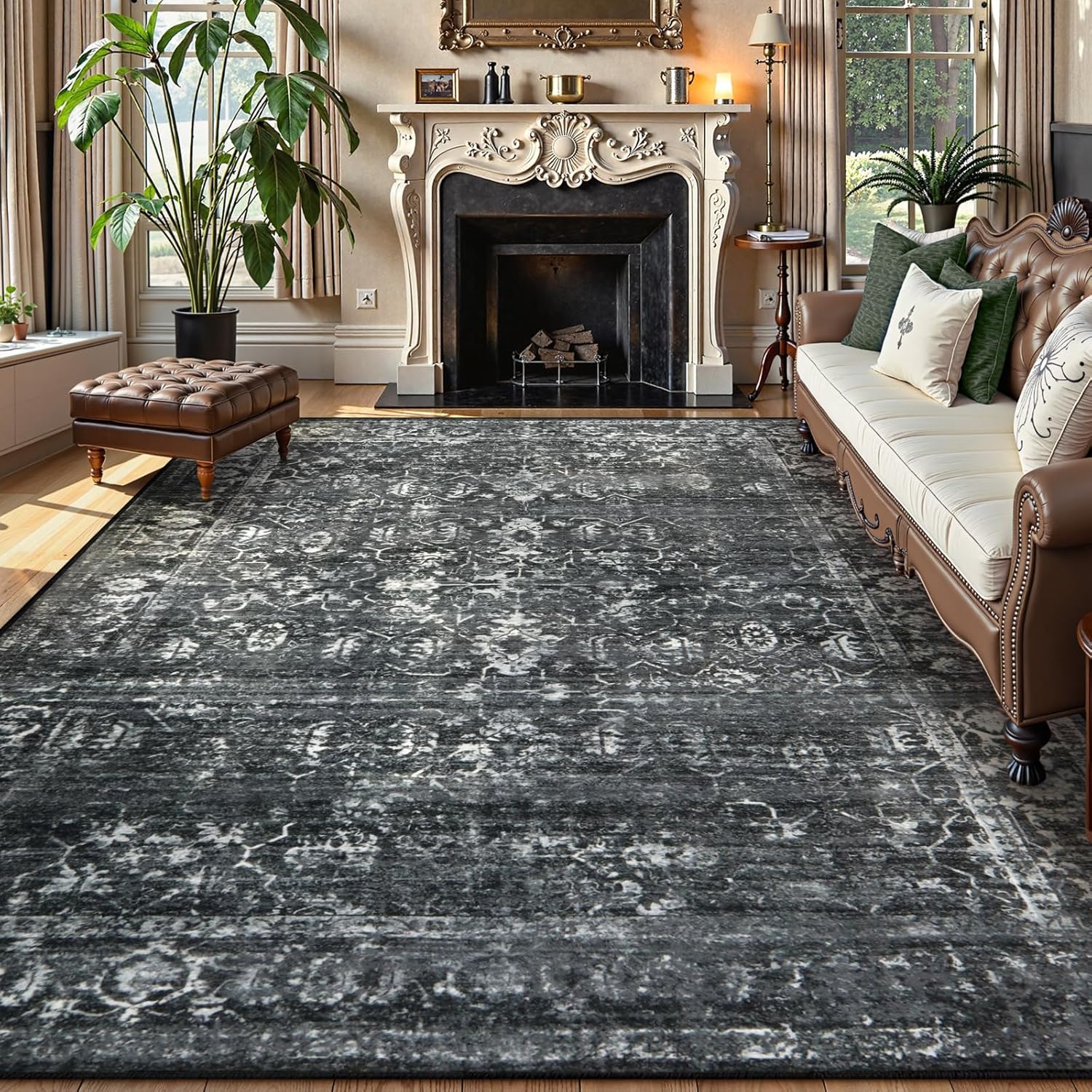 Lahome Margot Area Rugs 9x12 Living Room Soft Large Rugs for Bedroom, Boho Black Dining Room Rug, Distressed Non Slip Low Pile Carpet for Indoor Home Office(9'x12', Black/Grey)