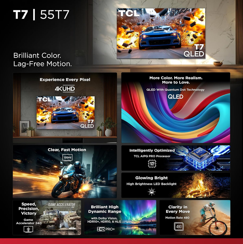TCL Amazon Exclusive 55 Inch Class T7 Series | 4K QLED HDR Lag-Free Smart Google TV | 55T7, 2025 Model | 120Hz-144Hz High Brightness, Dolby Atmos, Alexa Voice Remote AI Streaming Gaming Television