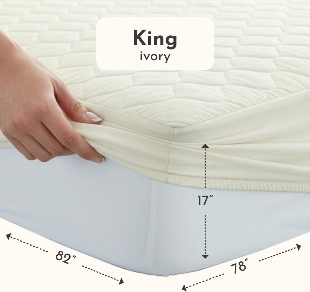100% Cotton Organic Mattress Protector | Breathable & Noiseless GOTS Organic Mattress Pad with Premium 300GSM Durability | Machine Washable Quilted Bed Protector with Deep Pocket (Ivory, King)