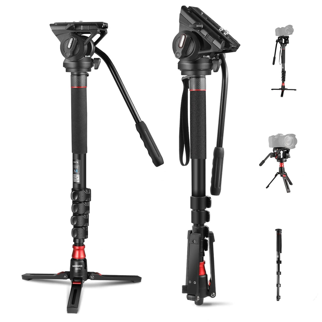 NEEWER Professional Camera Monopod with Feet, 70.5"/179cm Telescopic Portable Aluminum Travel Monopod with Pan Tilt Fluid Head and Removable Tripod Base for DSLR Camera Camcorder, Max Load 13.2lb/6Kg