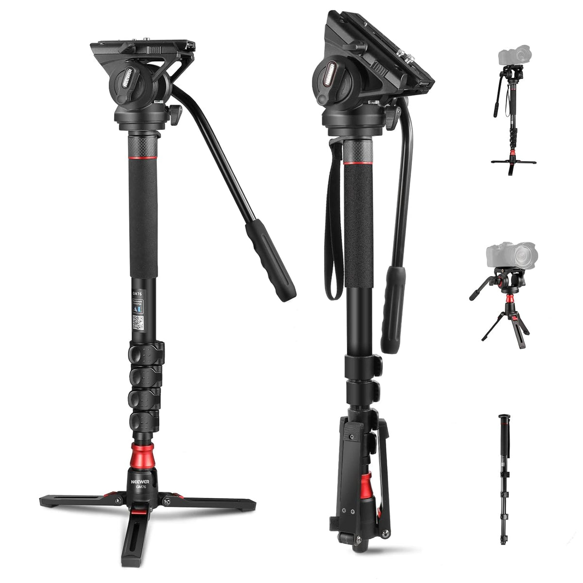 NEEWER Professional Camera Monopod with Feet, 70.5"/179cm Telescopic Portable Aluminum Travel Monopod with Pan Tilt Fluid Head and Removable Tripod Base for DSLR Camera Camcorder, Max Load 13.2lb/6Kg