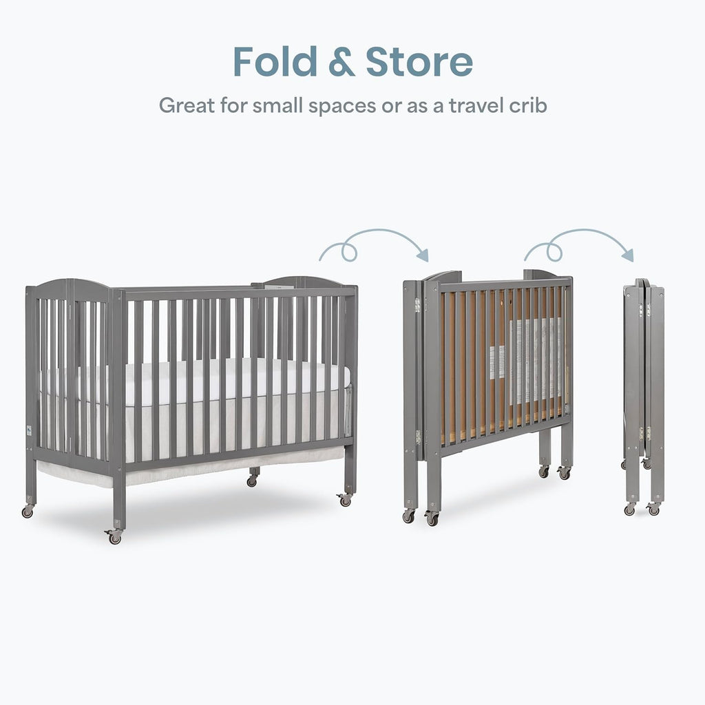Dream On Me Full-Size 2-in-1 Folding Baby Crib in Steel Grey, GreenGuard Gold & JPMA, Portable, Patented Quick Folding System, Strong Wheels, 2 Adjustable Mattress Heights