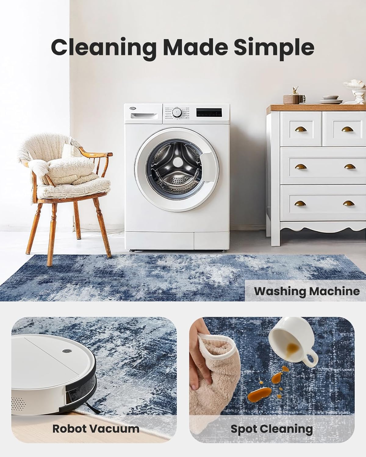 AMADA HOMEFURNISHING 9x12 Area Rugs for Living Room, Modern Large Area Rugs with Non-Slip Backing & Low Pile, Neutral Soft Washable Rug for Nursery, Bedroom, Dinning Room, Playroom, Dark Blue