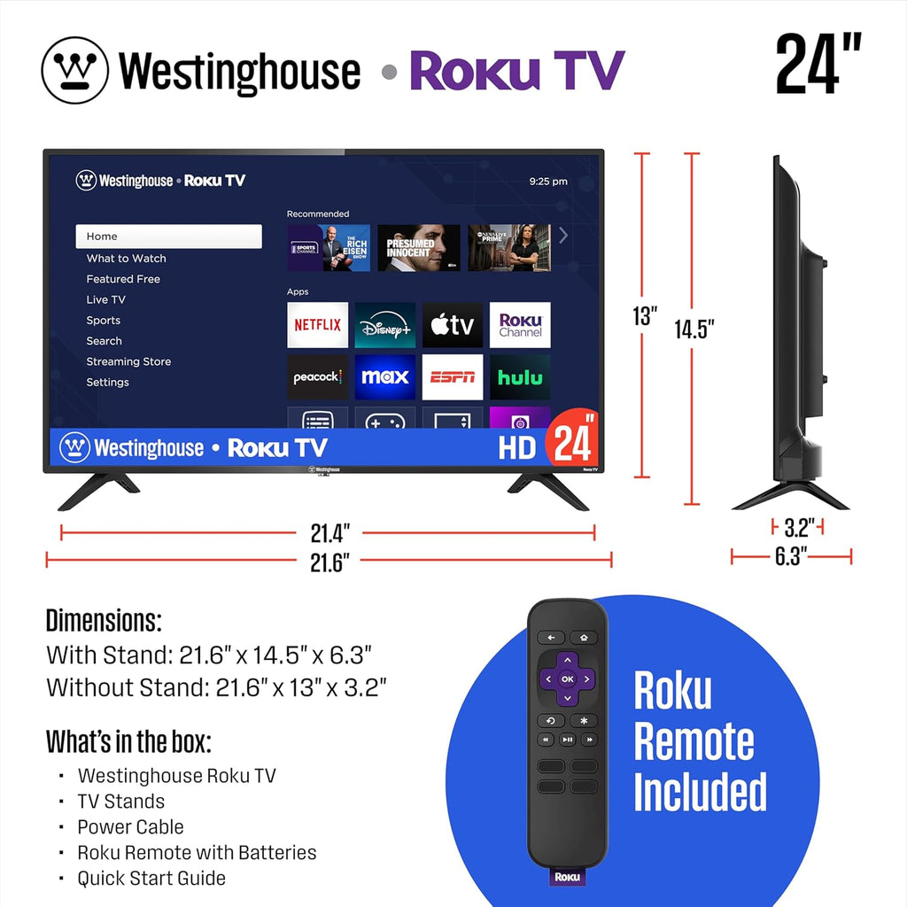 Westinghouse Roku TV - 24 Inch Smart TV, HD Television with Wi-Fi Connectivity and Mobile App, Flat Screen, Bluetooth, Compatible with Apple AirPlay, Alexa and Google Assistant