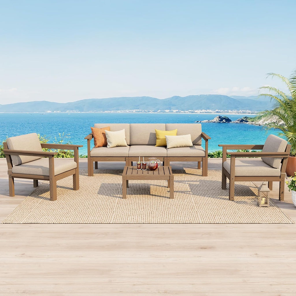 Stoog Patio Furniture Set, 6-Piece Modular Outdoor Sectional Sofa - Convertible Layout, Waterproof HIPS Frame & Quick-Dry Olefin Cushions, Teak