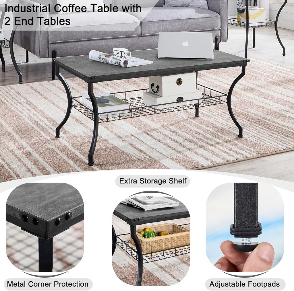 VECELO 3 Pieces Living Room Table Sets, Coffee and End Tables with Open Storage Shelves for Apartment, Home Office, Small Space, Easy Assembly, Dark Grey