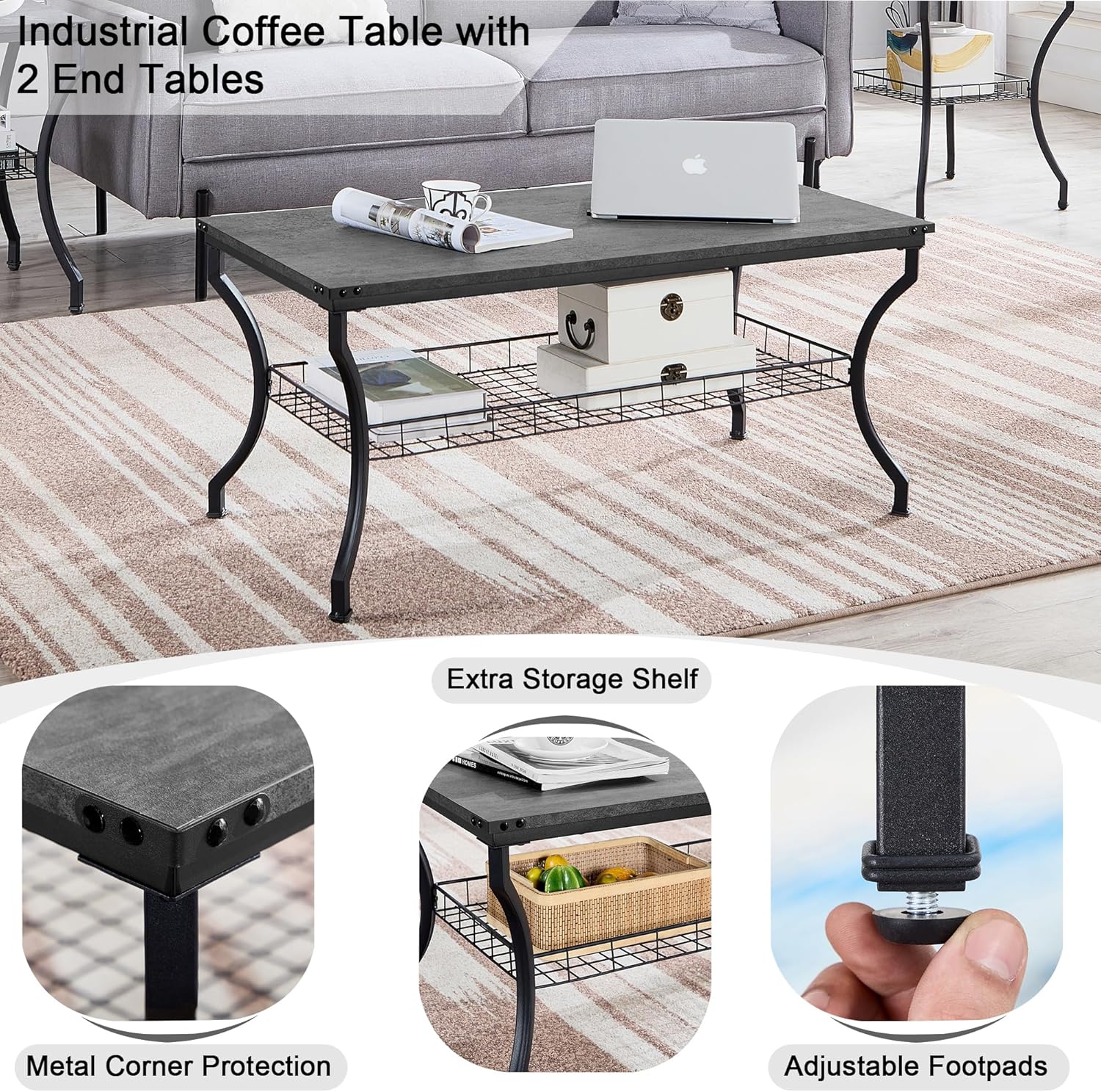 VECELO 3 Pieces Living Room Table Sets, Coffee and End Tables with Open Storage Shelves for Apartment, Home Office, Small Space, Easy Assembly, Dark Grey
