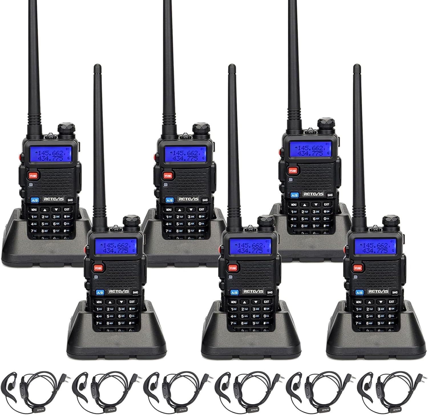 Retevis RT-5R Dual Band Two Way Radio, Walkie Talkie with Earpieces, 128CH,High Power, Emergency Alarm, VOX, 1400mAh Battery, FM, 2 Way Radio Long Range for Aldults School Church Security (6 Pack)