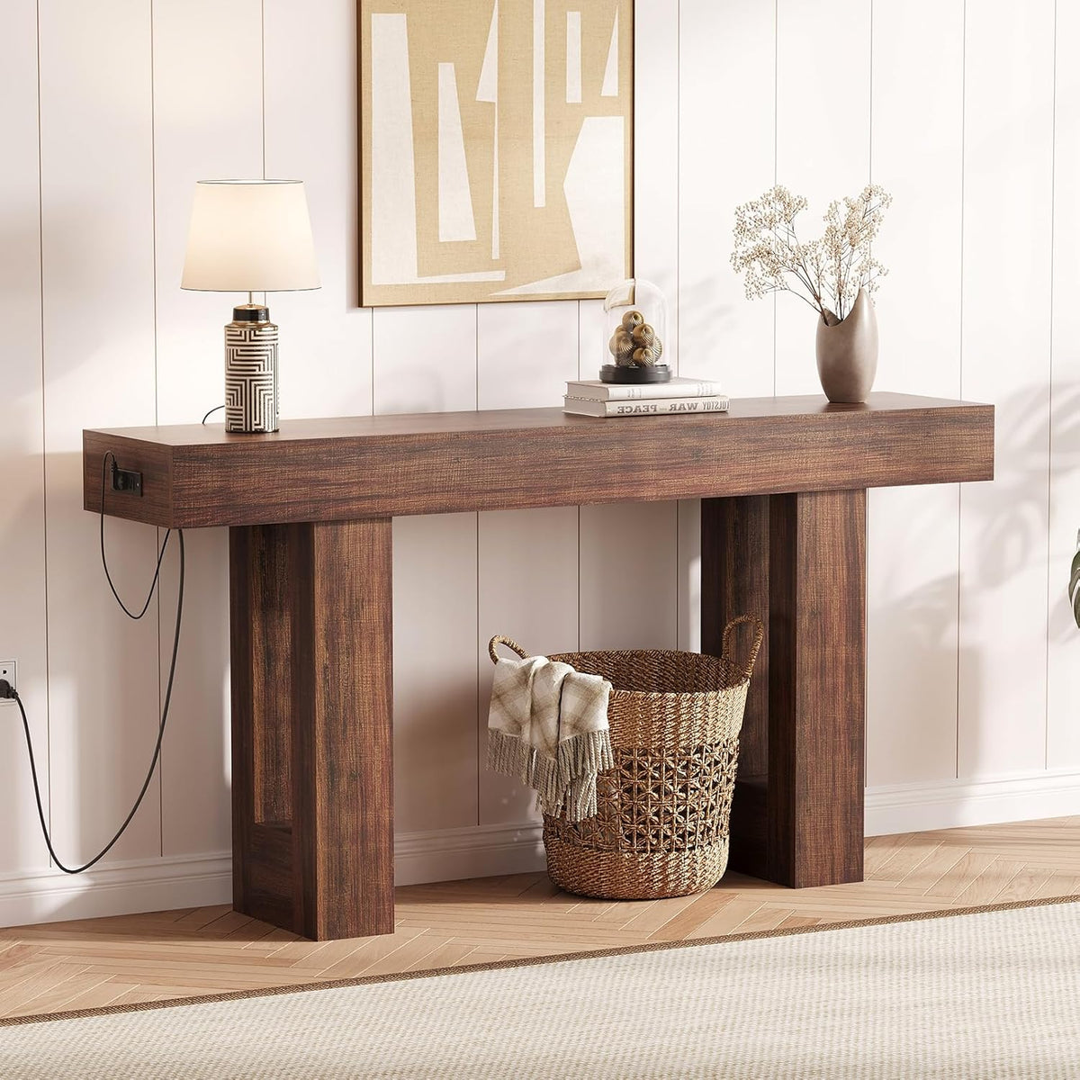 IDEALHOUSE 63" Entryway Table, Wood Console Table with Charging Station, Extra Long Sofa Table, Narrow Hallway Foyer Table for Entryway, Hallway, Living Room, Rustic Brown