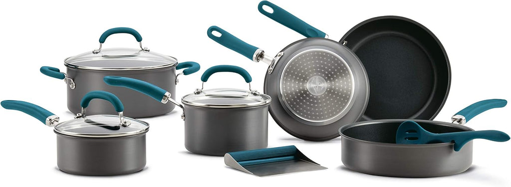 Rachael Ray Create Delicious Hard Anodized Nonstick Cookware Pots and Pans Set, 11 Piece, Gray with Teal Handles