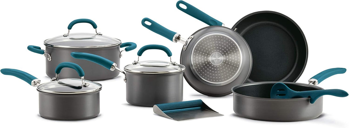 Rachael Ray Create Delicious Hard Anodized Nonstick Cookware Pots and Pans Set, 11 Piece, Gray with Teal Handles