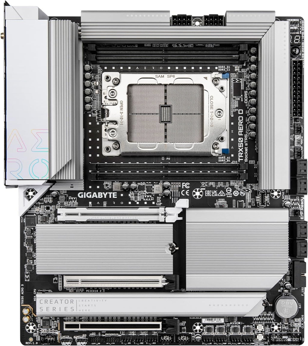 GIGABYTE TRX50 AERO D (sTR5/ AMD/ TRX50/ E-ATX/ DDR5/ PCIe 5.0 M.2/ PCIe 5.0/ USB4 Type-C/Wi-Fi 7/ Marvell 10GbE/ Motherboard) (Renewed)
