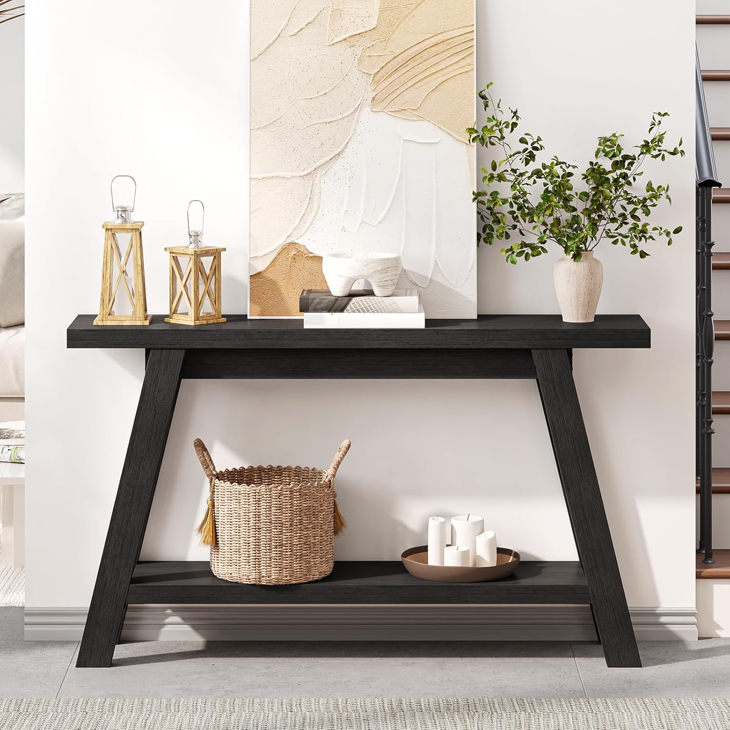 Black Console Table, 55Inch Entryway Console Tables 2-Tier Narrow Wood Console Table Behind Couch Sofa Tables for Living Room, Entryway, Hallway (Black)