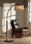 Franklin Iron Works Gentry Industrial Rustic Farmhouse Arc Floor Lamp 71 1/2" Tall Oil Rubbed Bronze 2-Light Oatmeal Fabric Drum Shade for Living Room Reading Bedroom Office House Home Decor