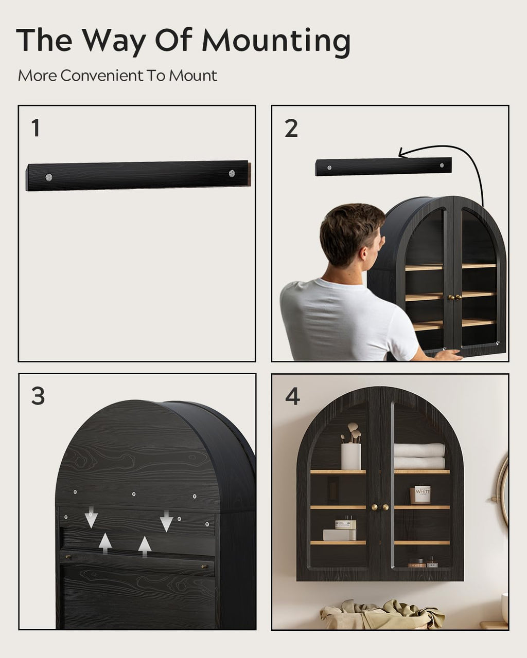 EYYTHUNG Arched Wall Cabinet, Large Bathroom Medicine Cabinet Wall Mounted Cupboard, Modern Floating Storage Cabinet with Acrylic Door Adjustable Shelf, Wood Organizer (Black-Oak)