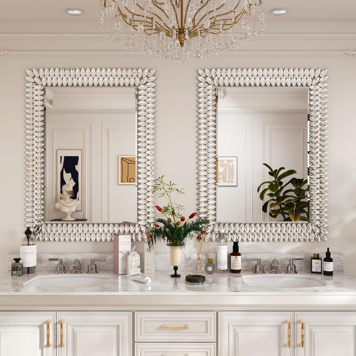 Kelly Miller 30"x40" Jeweled Bathroom Wall Mirror, Large Rectangle Decorative Mirror Luxury Vanity Mirror with Diamonds for Master Bath Half Bath Living Room Bedroom Fireplace Mantle Entryway