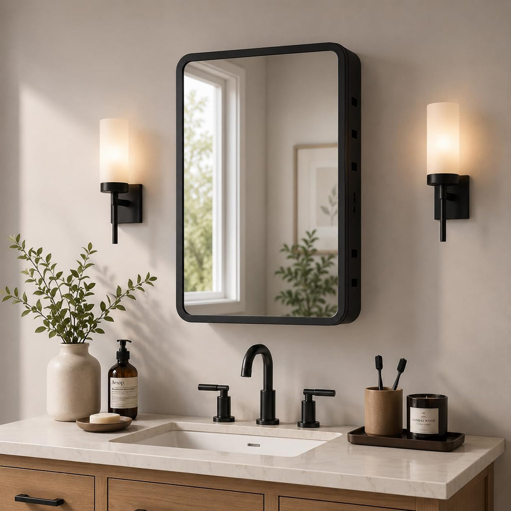 Medicine Cabinet with Mirror, 16x22 inch Black Recessed Medicine Cabinet or Surface Wall Mount Bathroom Cabinets with Adjustable Shelves Metal Framed Mirror, Rounded Rectangle Storage Cabinet