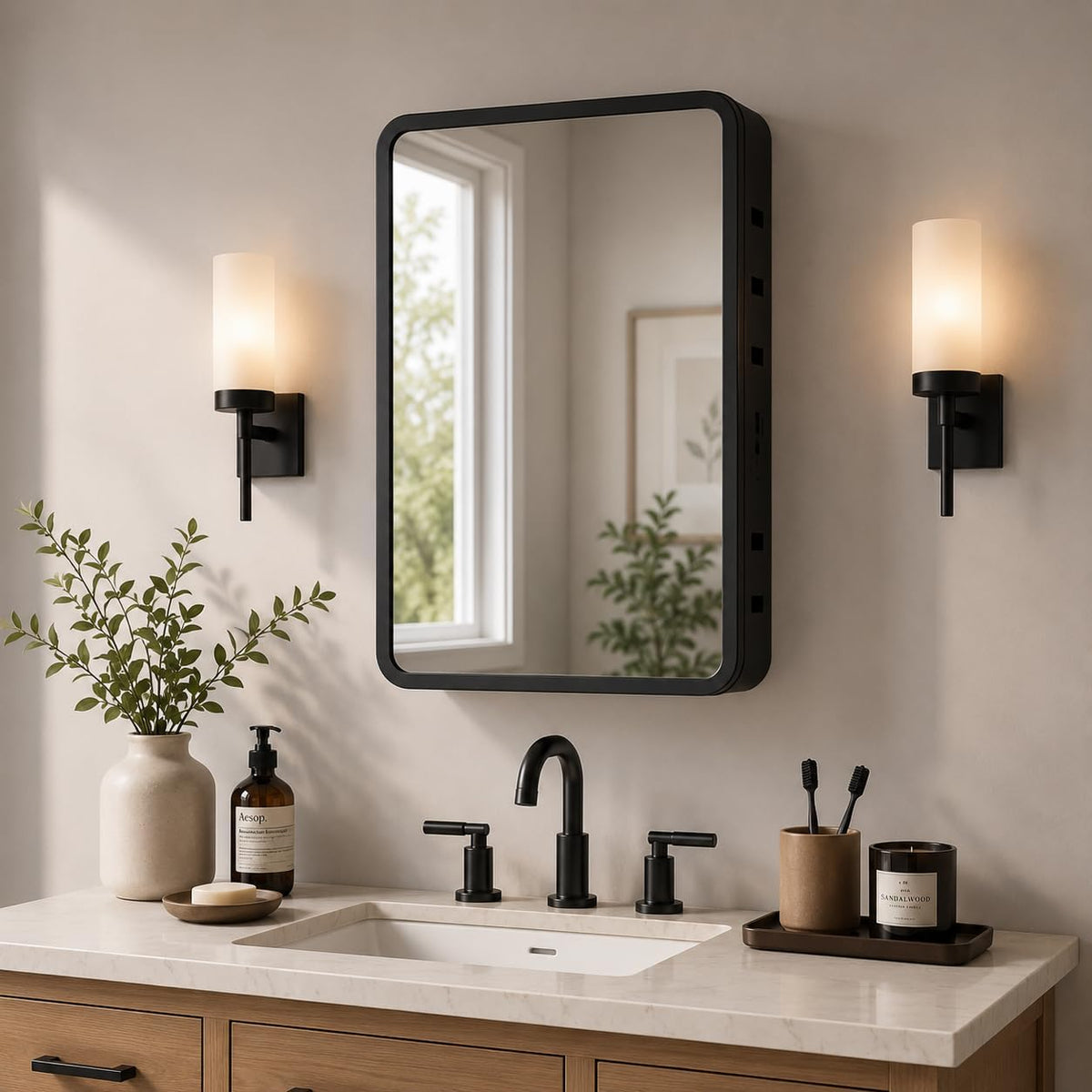 Medicine Cabinet with Mirror, 16x22 inch Black Recessed Medicine Cabinet or Surface Wall Mount Bathroom Cabinets with Adjustable Shelves Metal Framed Mirror, Rounded Rectangle Storage Cabinet