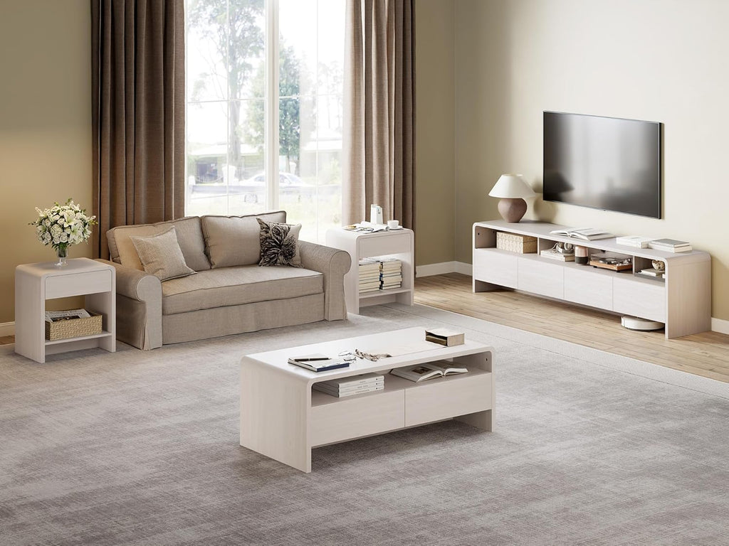 AMERLIFE 3-Piece Living Room Table Set, Includes Coffee Table & 2 End Tables, Modern Coffee Table Sets with Large Storage Drawers & Smooth Rounded Edges, White