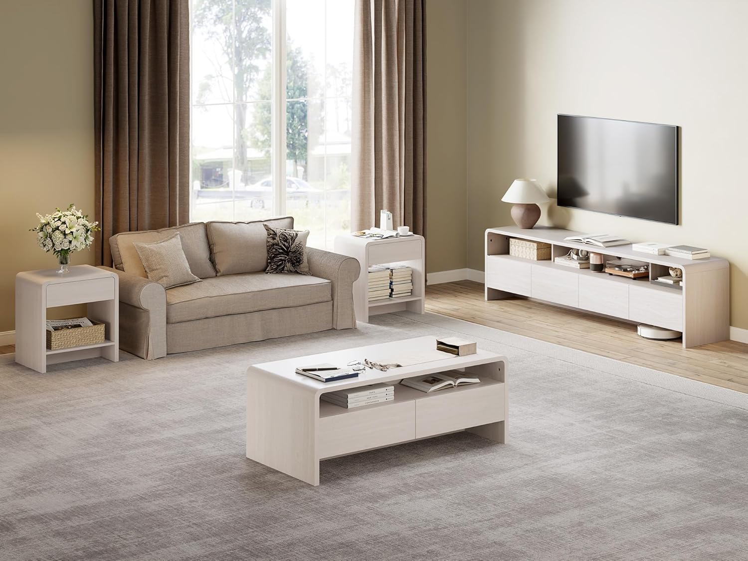 AMERLIFE 3-Piece Living Room Table Set, Includes Coffee Table & 2 End Tables, Modern Coffee Table Sets with Large Storage Drawers & Smooth Rounded Edges, White