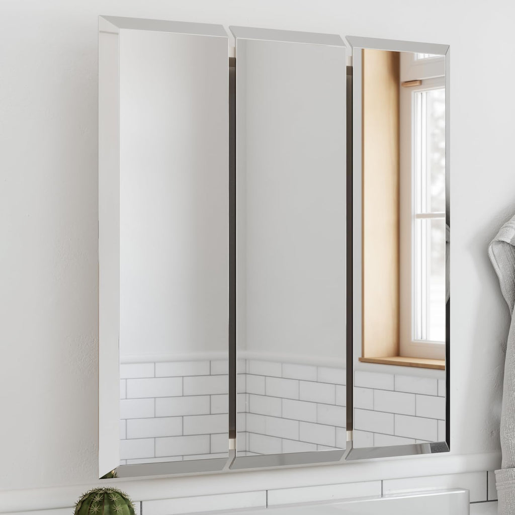 Design House Cyprus Bathroom Medicine Cabinet with Mirror, 25 Inch Recessed or Surface Mount Cabinet, 3 Frameless Mirrored Doors, 2 Shelves, White, Pre-Assembled, 597484