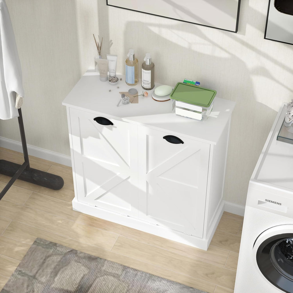 KEIKI White Tilt-Out Bathroom Laundry Sorter Cabinet with Dual Compartments & Removable Bags, Freestanding Hidden Hamper Storage with Anti-Tip Kit