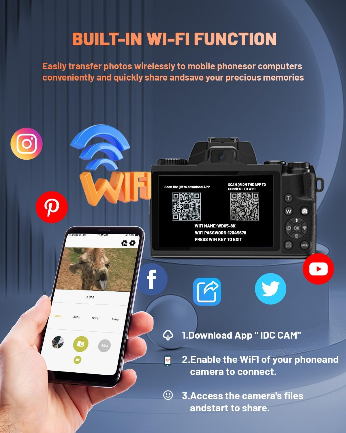 8K Digital Camera for Beginner, Vloggin Camera for YouTube, Autofocus, WiFi, 4 Inch Touchscreen, 16X Digital Zoom, 3000mAh Battery, Dual-Lens, Lens Hood, 32GB TF Card and Flash,Black