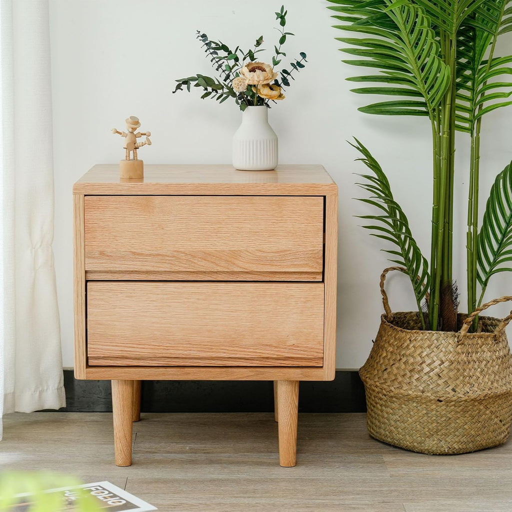 Night Stand, Mid Century Modern Nightstand w/2 Drawers, Boho Small Bedside Table, Oak Solid Wood, 17.72 W x 15.75 D x 19.69 H Inches (Natural, Double Drawer)
