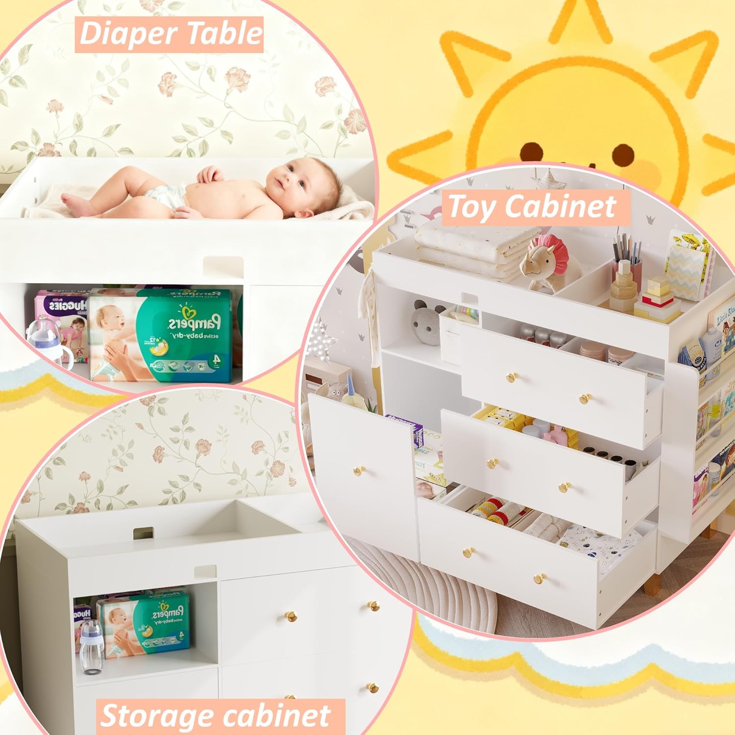 Wooden Baby Changing Table Dresser,Diaper Changing Table with Large Tabletop,4 Drawers, Open Storage Space & Side Shelves,Modern Storage Crib with Changing Table for Nurseries and Baby Rooms,White