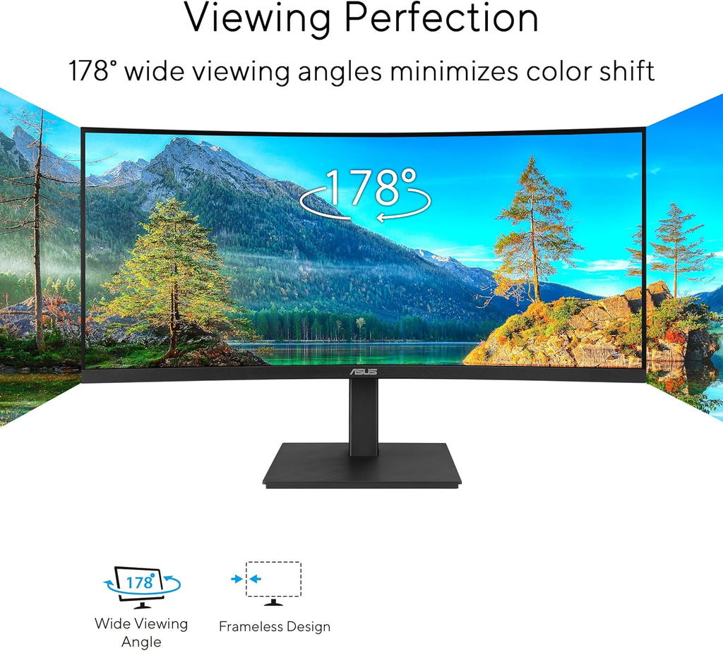 ASUS 34” Curved USB-C Docking Monitor (VA34VCPSR) - WQHD (3440x1440), 1500R Curvature, Frameless, USB-C PD 96W, RJ45, USB hub, Eye Care, Ergonomic, VESA Wall Mountable, 3 yr Warranty