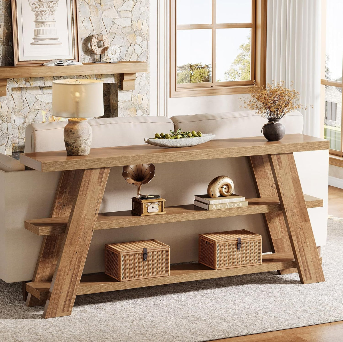 Tribesigns 70.9" Extra Long Console Table with Storage, 3-Tier Narrow Wooden Sofa Table Behind The Couch, Farmhouse Entry Foyer Table for Entryway, Living Room, Hallway, Brown