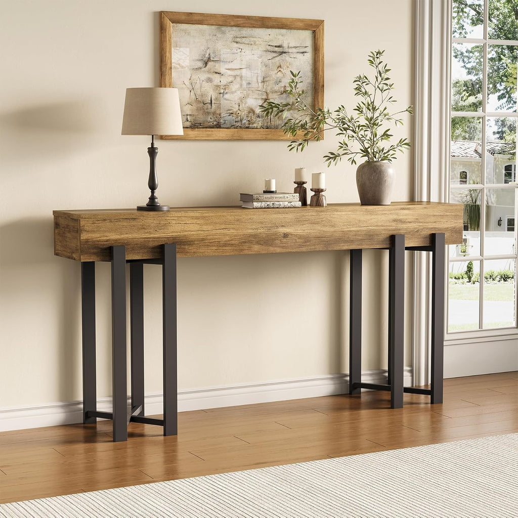 LITTLE TREE 63-Inch Console Table for Entryway, Industrial Behind Couch Table, Minimalist Sofa Table for Living Room, Rustic Brown Wooden Hallway Foyer Table with Black Metal Frame