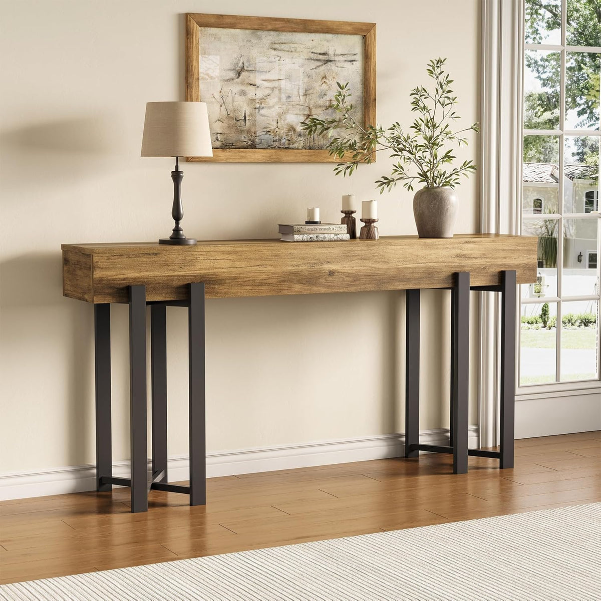 LITTLE TREE 63-Inch Console Table for Entryway, Industrial Behind Couch Table, Minimalist Sofa Table for Living Room, Rustic Brown Wooden Hallway Foyer Table with Black Metal Frame